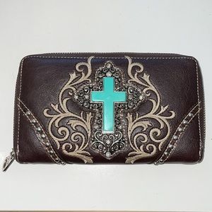 Montana West brown wallet Torqouise cross zippered
